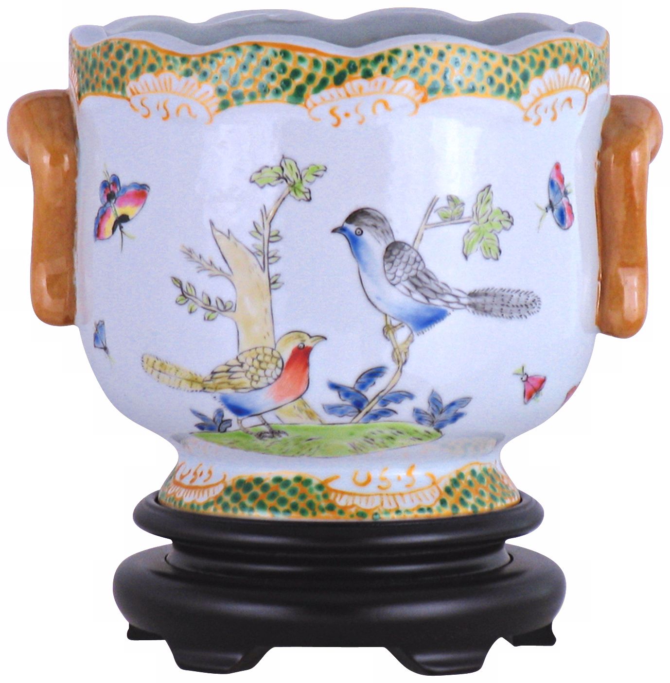 Birds and Butterflies Hand-Painted Porcelain Cachepot