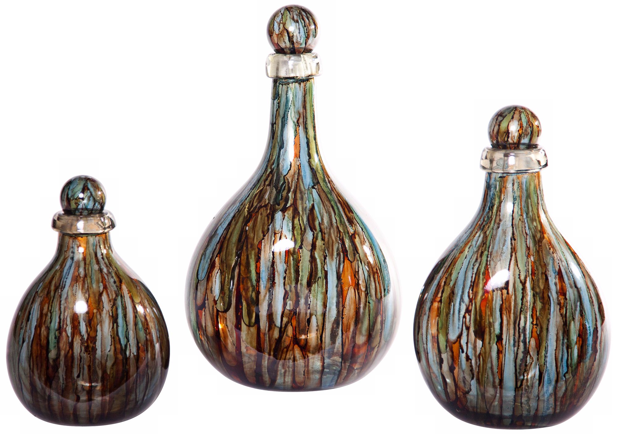 Set of 3 Blue Spring Decorative Glass Bottles with Tops