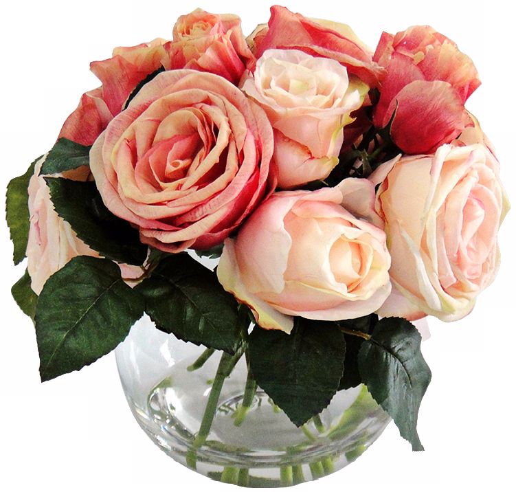 Jane Seymour 12" High Peach Roses in Glass Bubble Bowl
