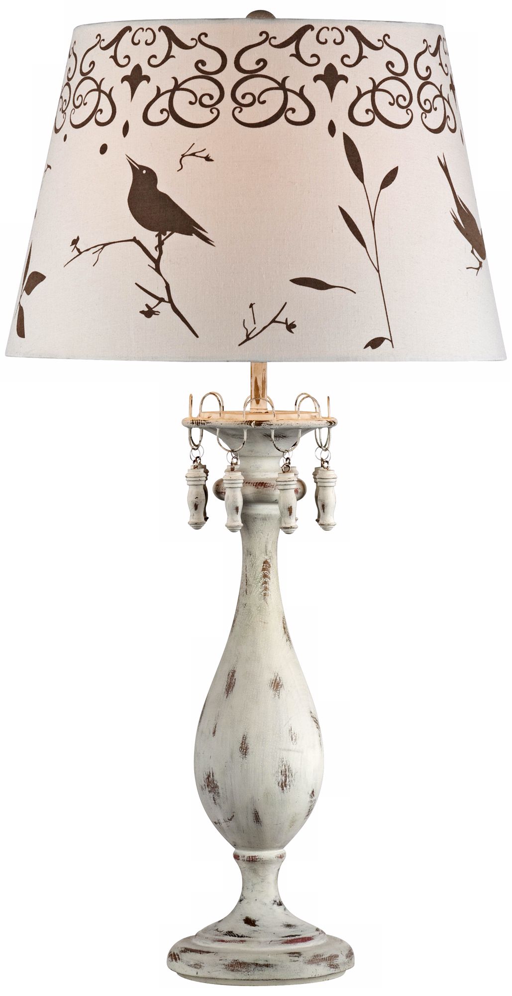Bird in Garden Motif Distressed White Table Lamp