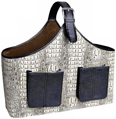 White and Black Faux Crocodile Leather Magazine Basket