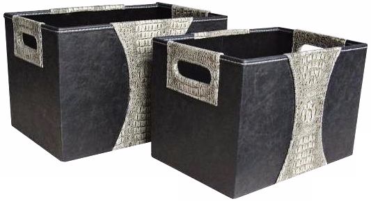Set of 2 White and Black Faux Croc Leather Storage Boxes