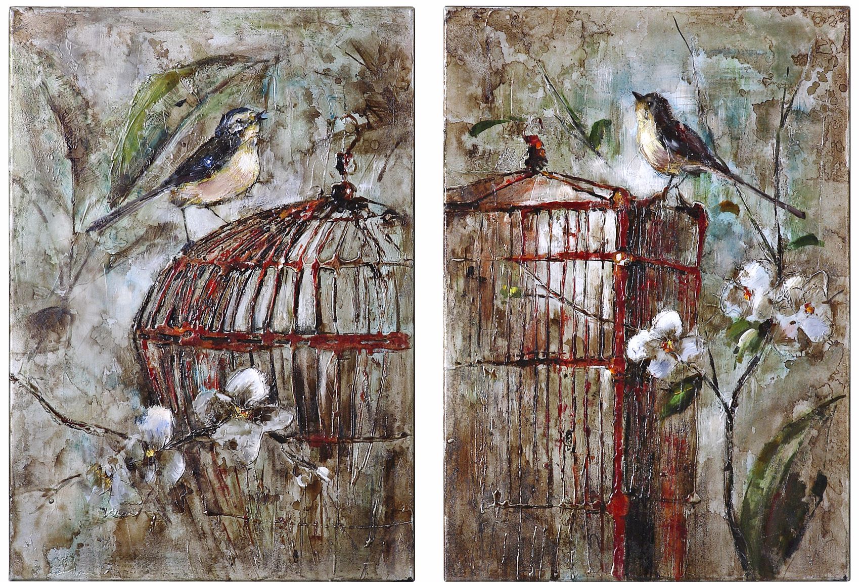 Uttermost Set of 2 Hand-Painted Caged Birds Wall Art