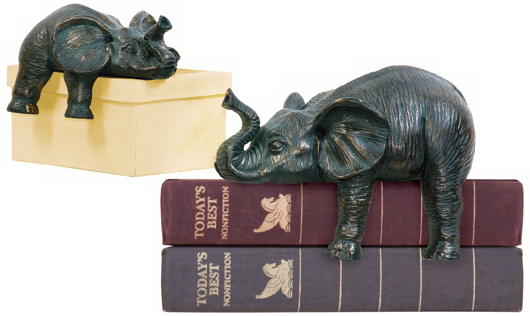 Set of Two Black Sprawling Elephants Shelf Decor