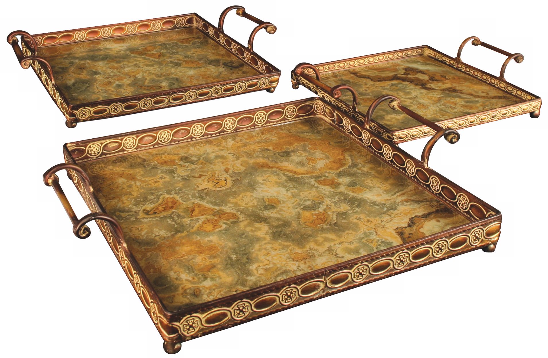 Set of 3 Square Metal and Glass Malta Trays with Handles