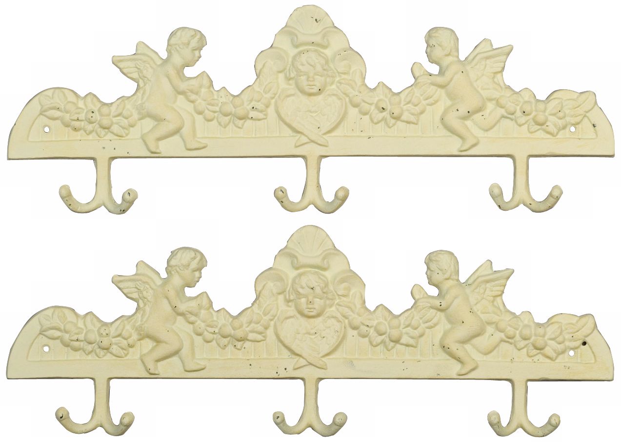 Set of 2 Antique White Iron Angel Wall Hooks