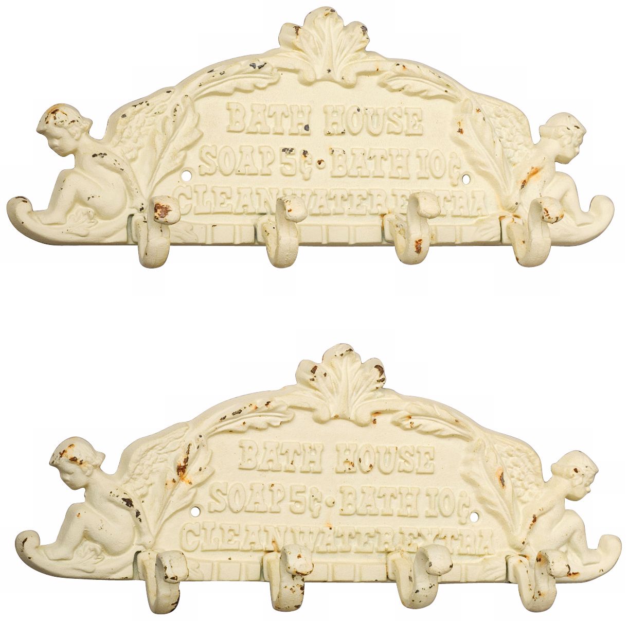 Set of 2 Antique White Bath House Wall Hooks