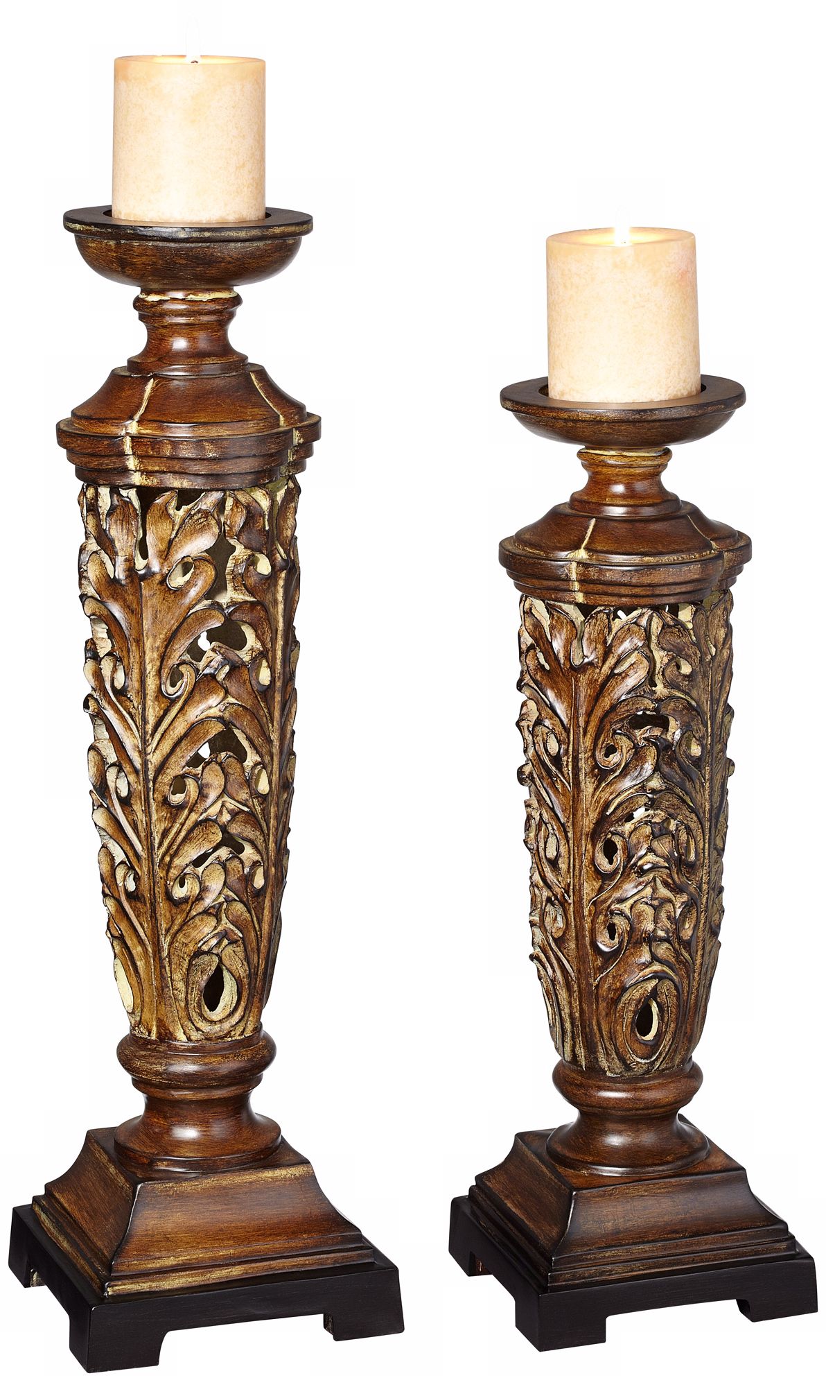Set of 2 Wood Look Ornate Candle Holders