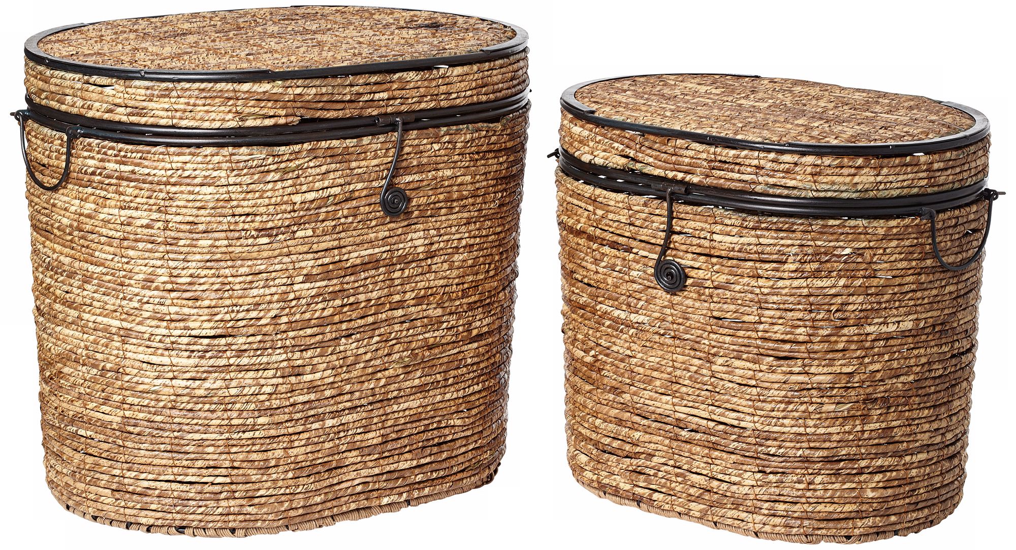 Set of 2 Metal Rattan Oval Trunks With Trim