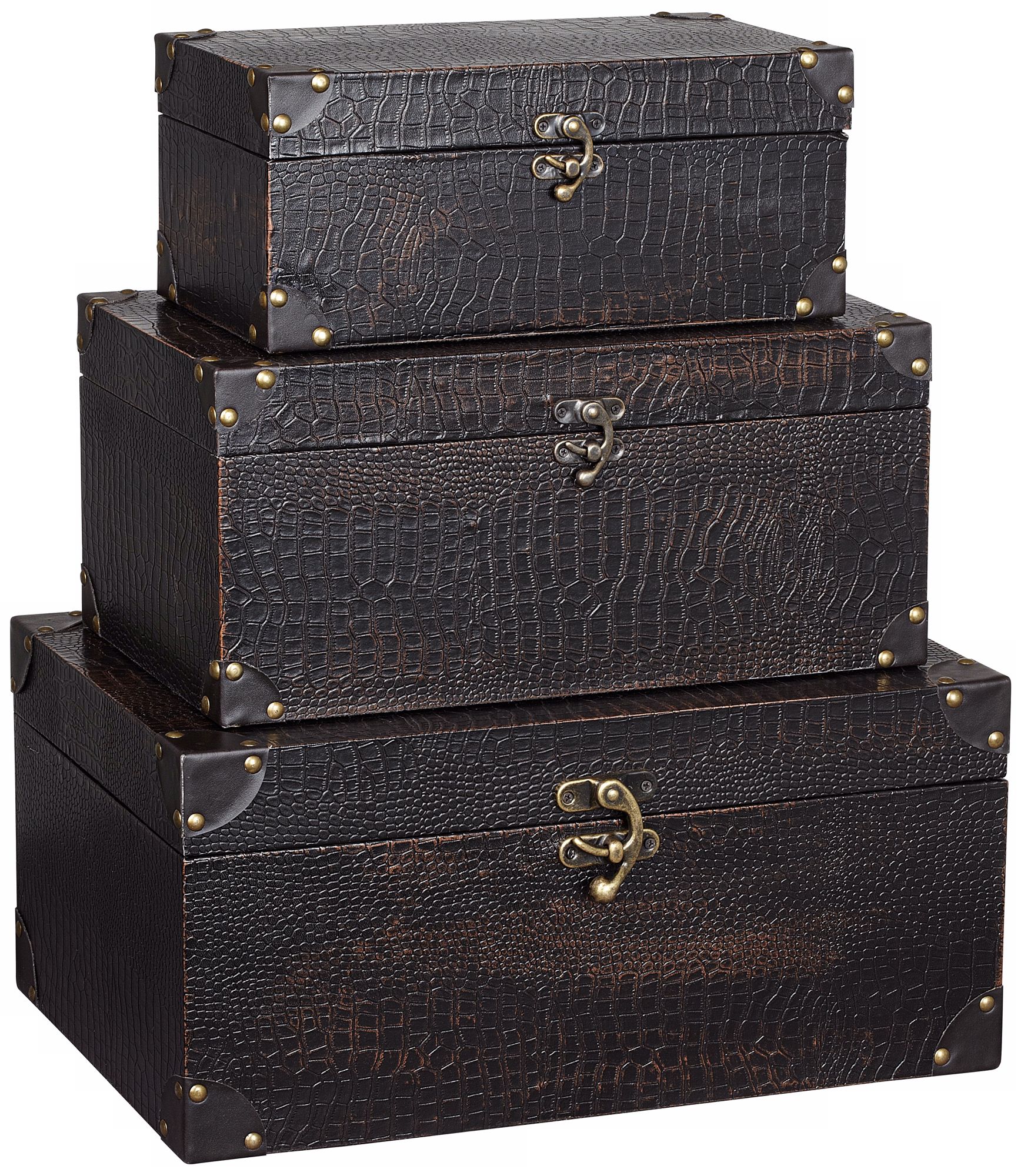 Set of 3 Leather Brown Trunks With Metal Hardware