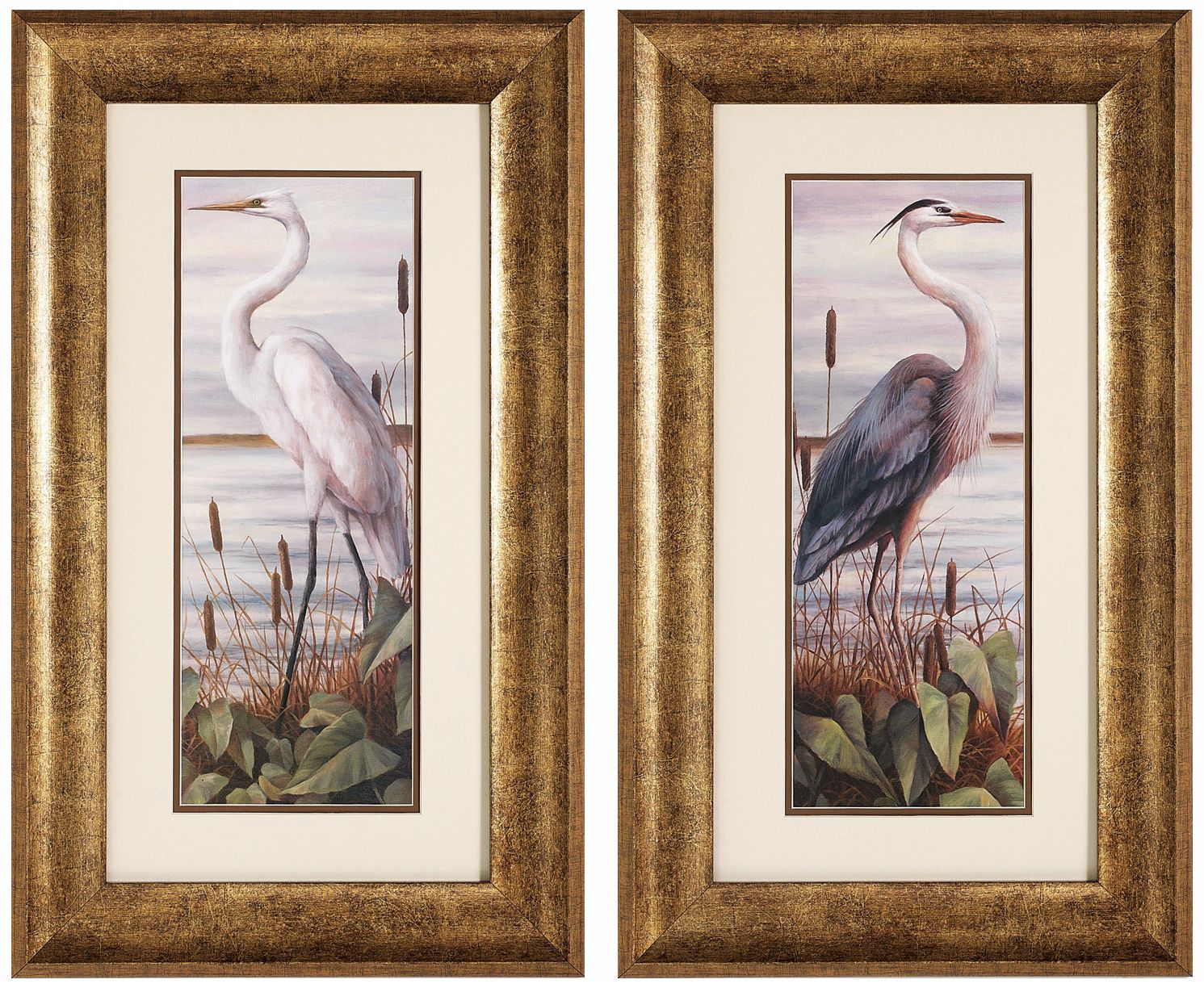 Set of 2 Gold Frame Heron and Egret Bird Wall Art Prints