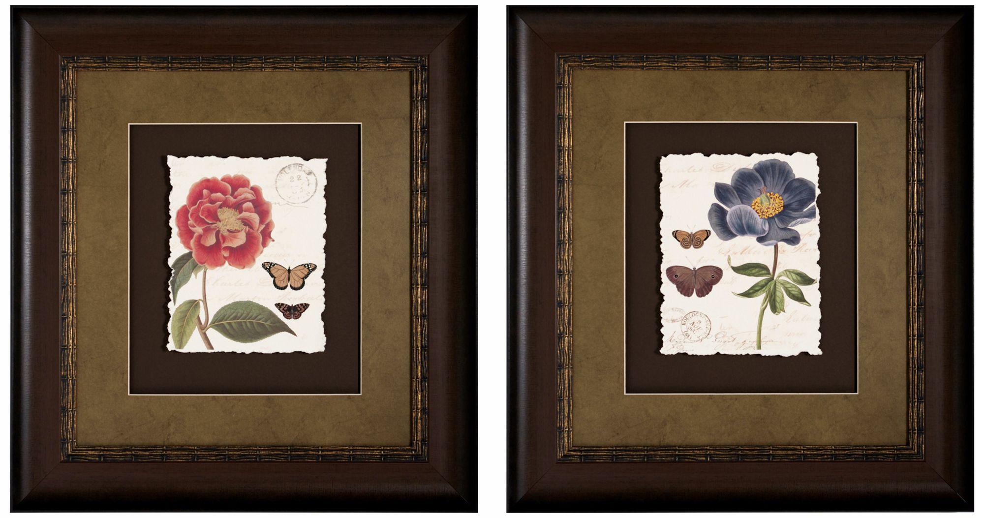 Set of 2 Framed Red and Blue Floral Wall Art Prints I/III