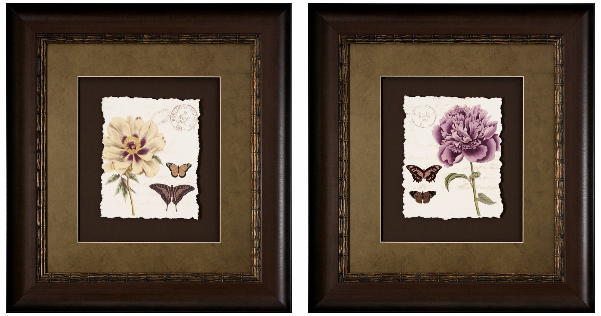 Set of 2 Framed Cream Violet Floral Wall Art Prints I/III