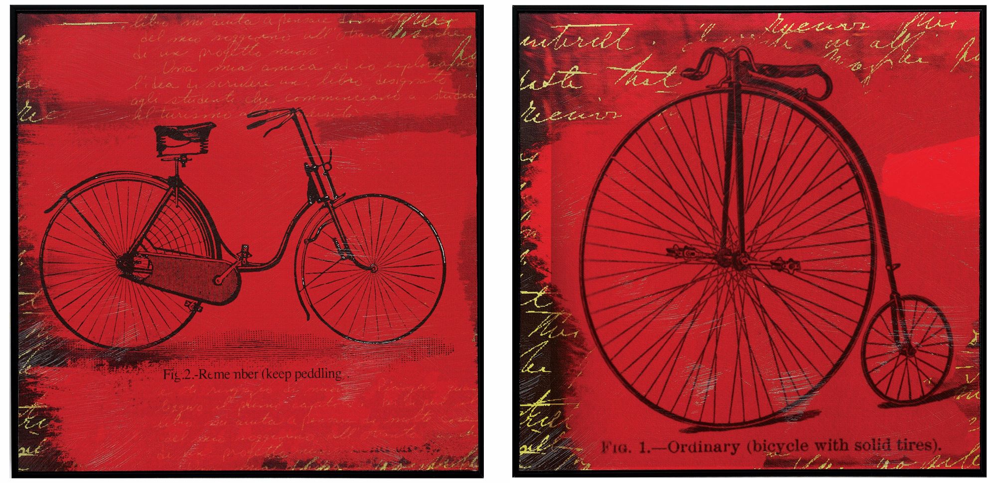 Set of 2 Bicycle I/II 21" Square Bold Red Wall Art