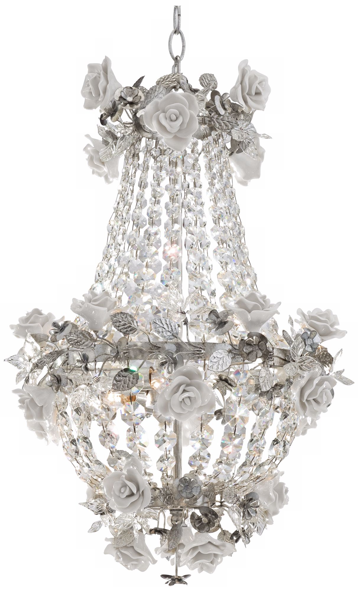 Roses and Crystal 16" Wide Champagne Silver Chandelier