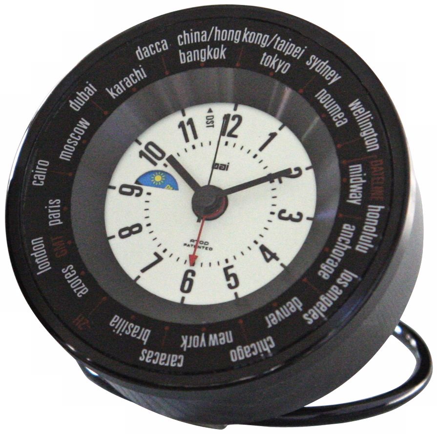 Black White Globe Trotters Self-Set World Time Alarm Clock