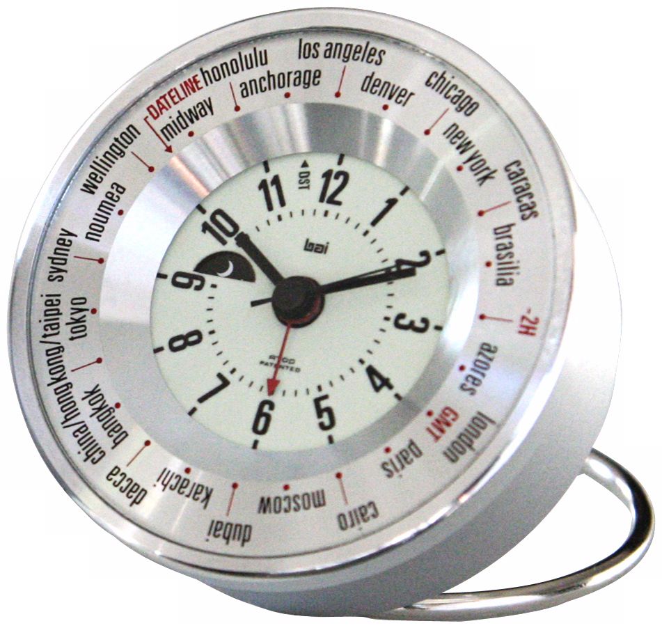 Silver White Globe Trotters Self-Set World Time Alarm Clock