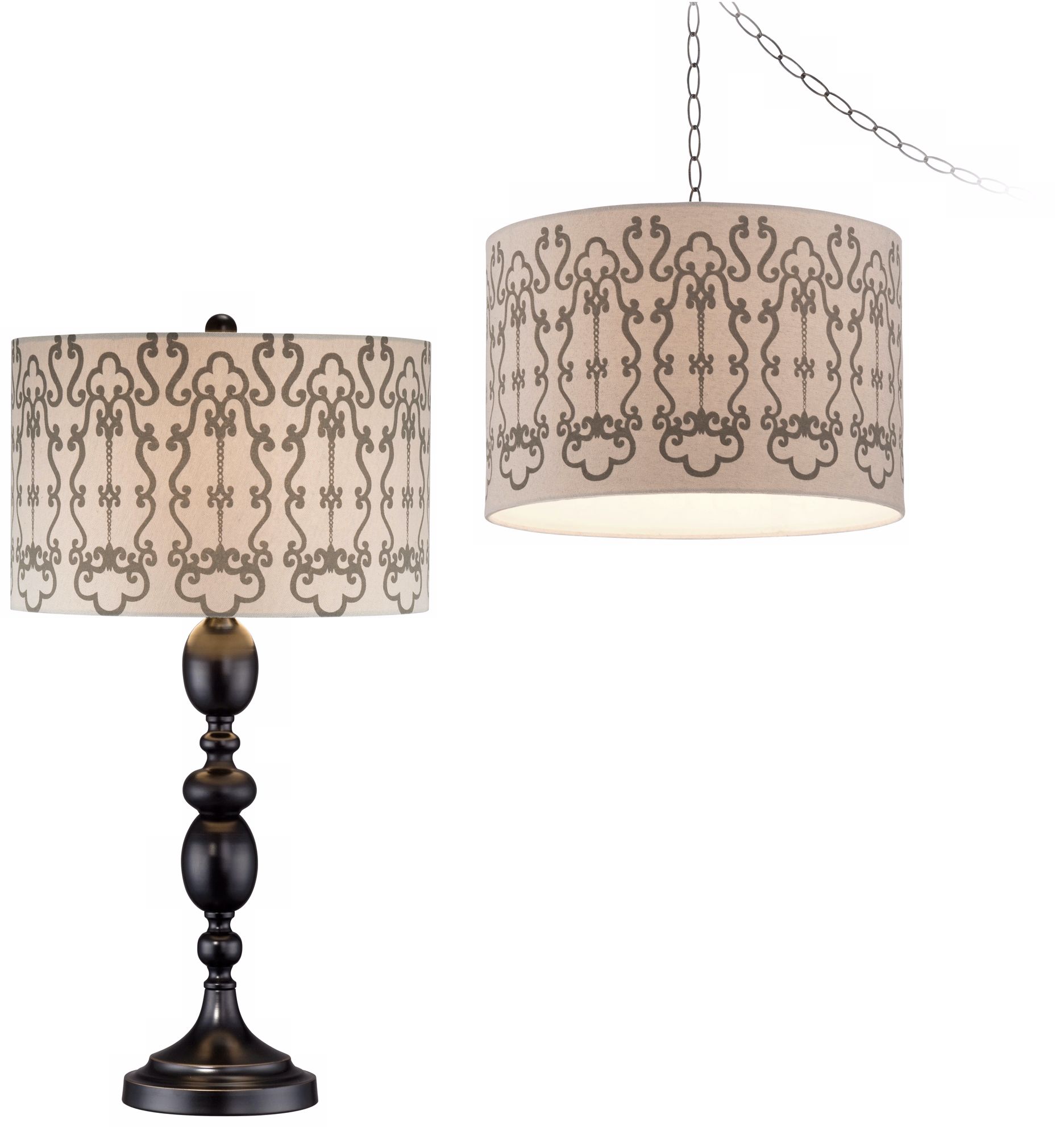 Sepia Scroll Plug-In Swag and Table Lamp Set