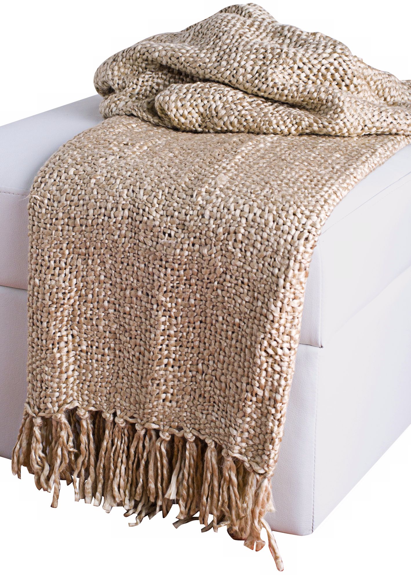 Loom Woven  Beige Throw With Fringe