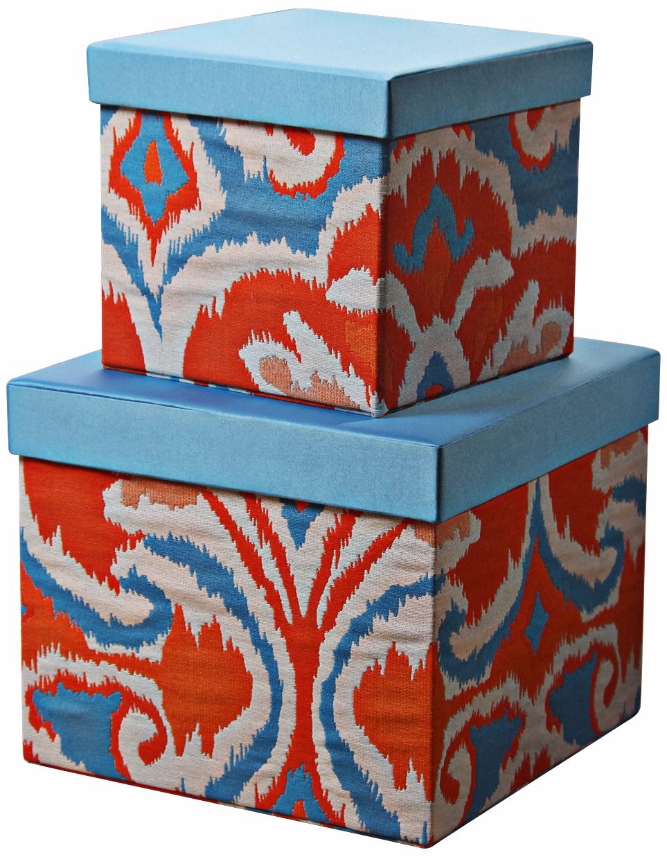 Set of 2 Ikat Orange / Blue Square Decorative Boxes