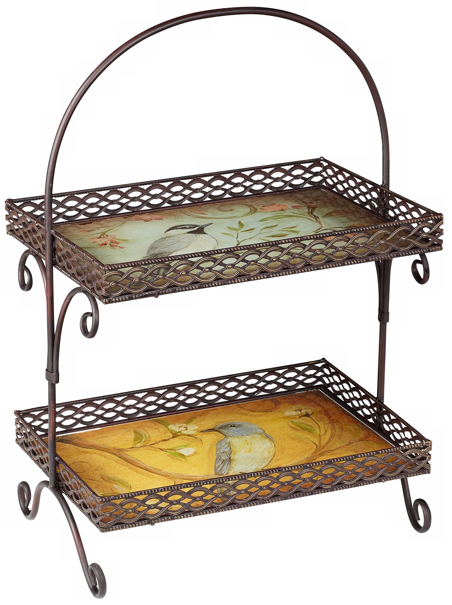 Two-Tier Bird Motif Metal and Glass Tray