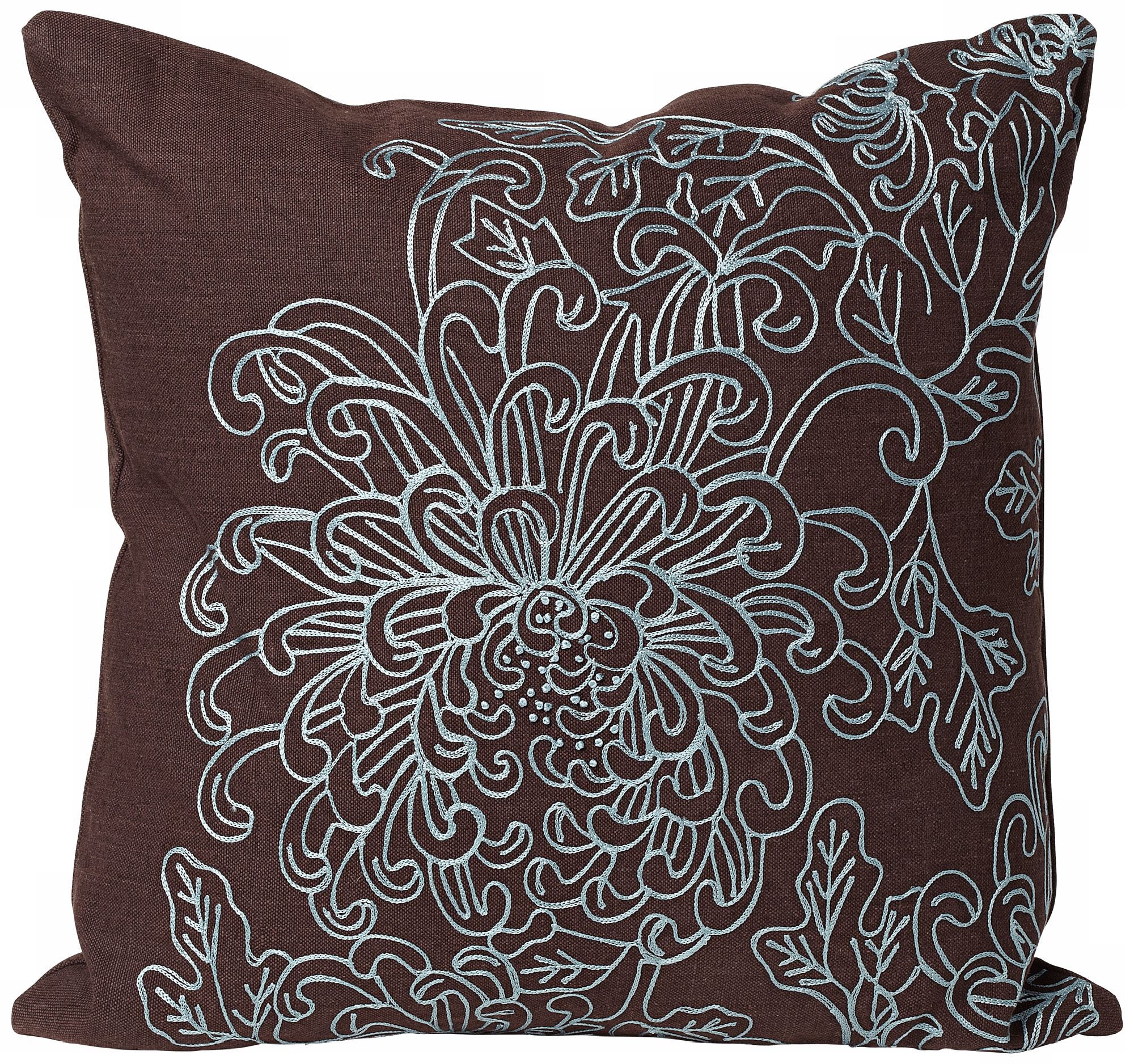 Kimiki Flower 18" Embroided Brown and Blue Designer Pillow