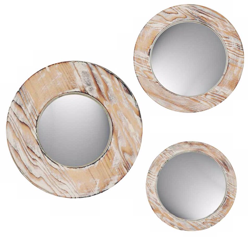 Set of 3 Decorative Round Washed Wood Wall Mirrors