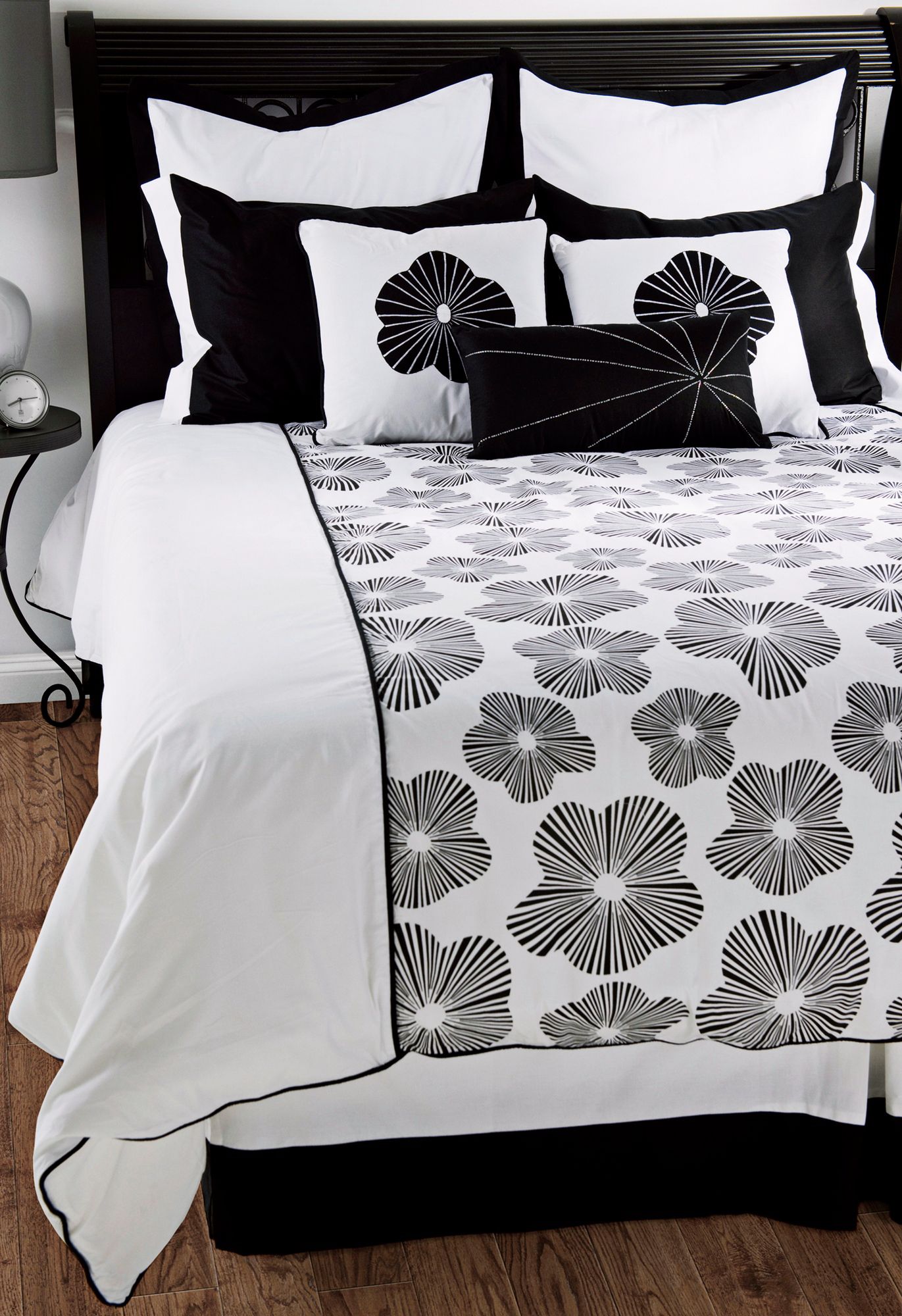 9-Piece Black and White Floral Filled Queen Bedding Set