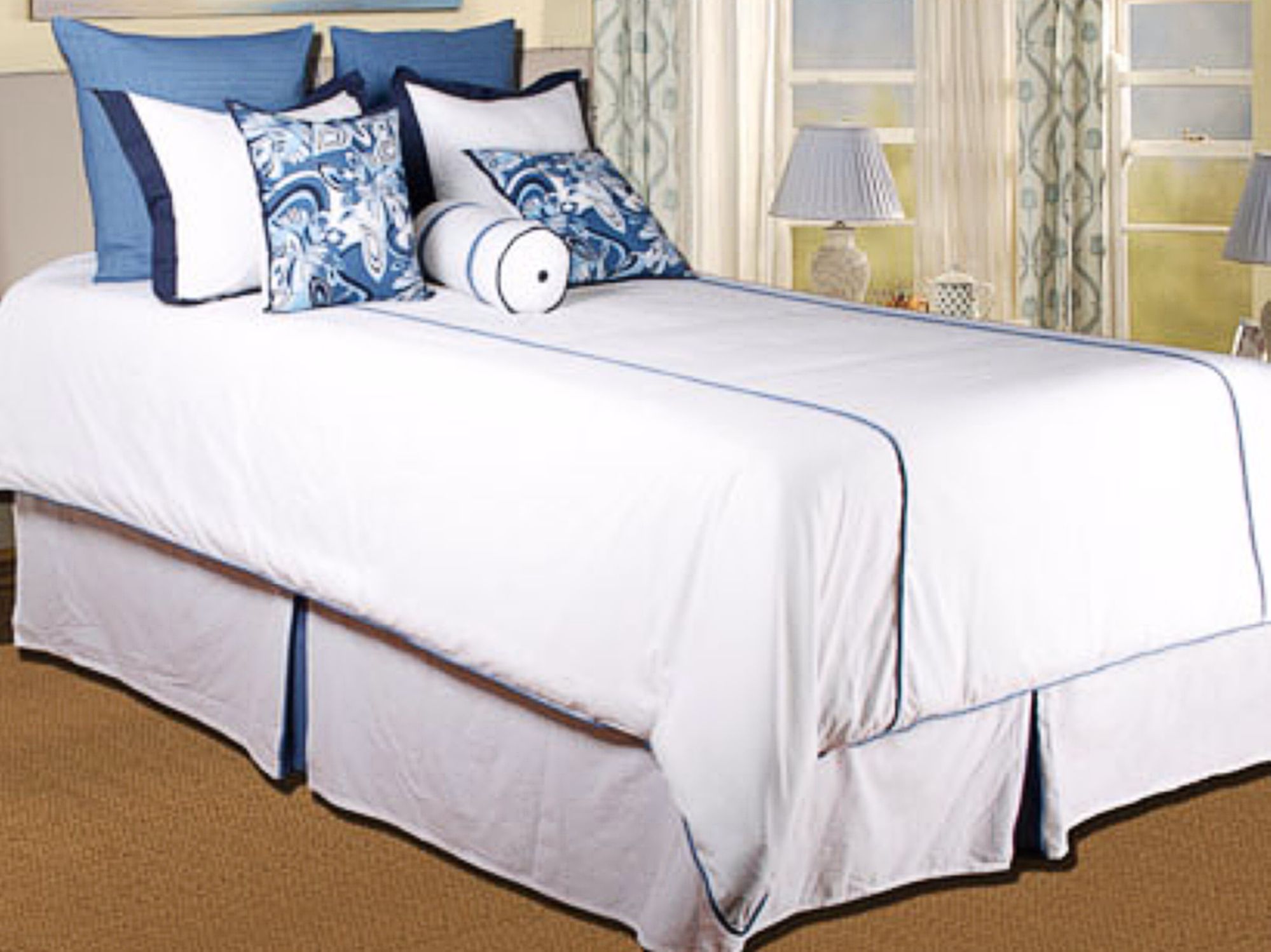 9-Piece White and Blue Filled Queen Bedding Set