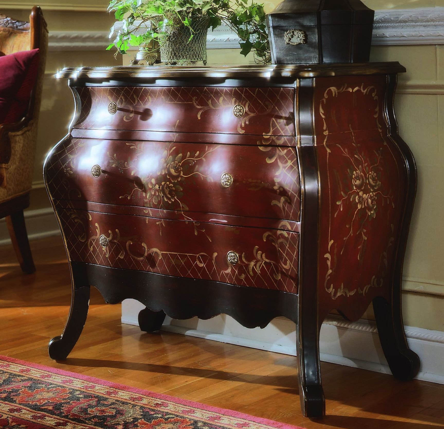 Lattice Rouge 3-Drawer Hand-Painted Bombe Chest