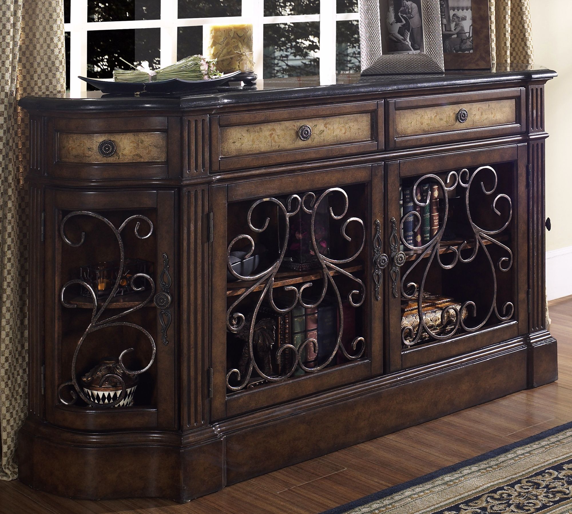 Wrought Iron Marble and Carmel Wood Credenza