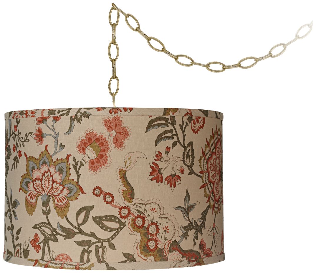 Coral Floral Drum 15" Wide Antique Brass Swag Chandelier
