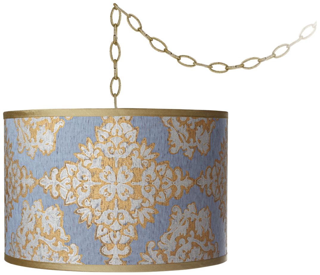Damask Silk Drum 15" Wide Antique Brass Swag Chandelier