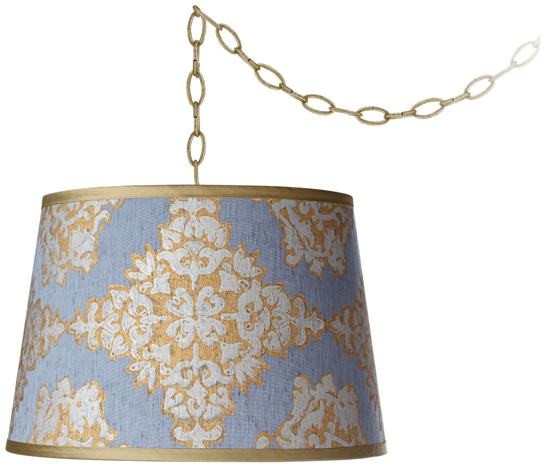 Damask Silk 15" Wide Antique Brass Swag Chandelier