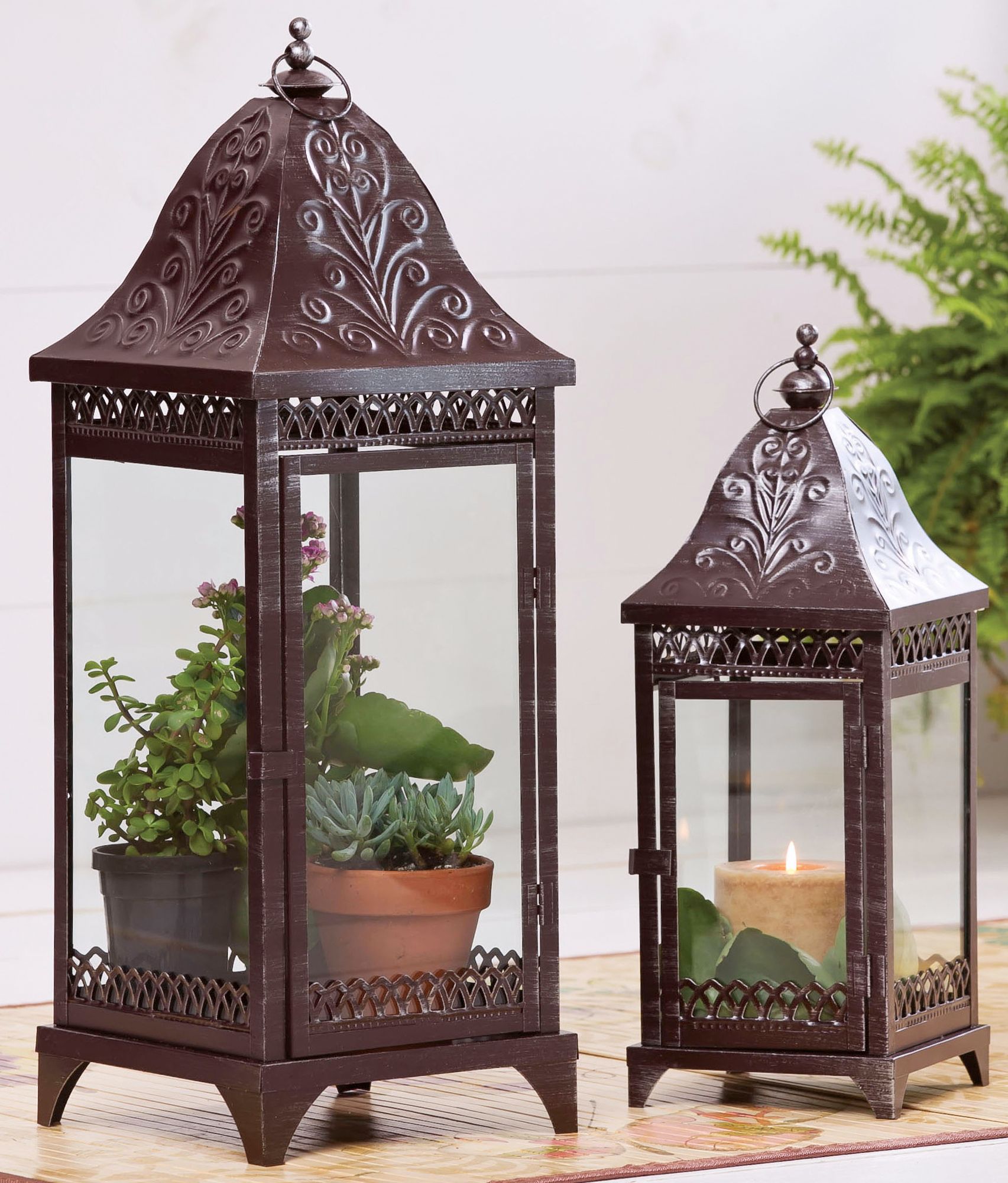 Set of 2 Bronze Metal Candle Lanterns