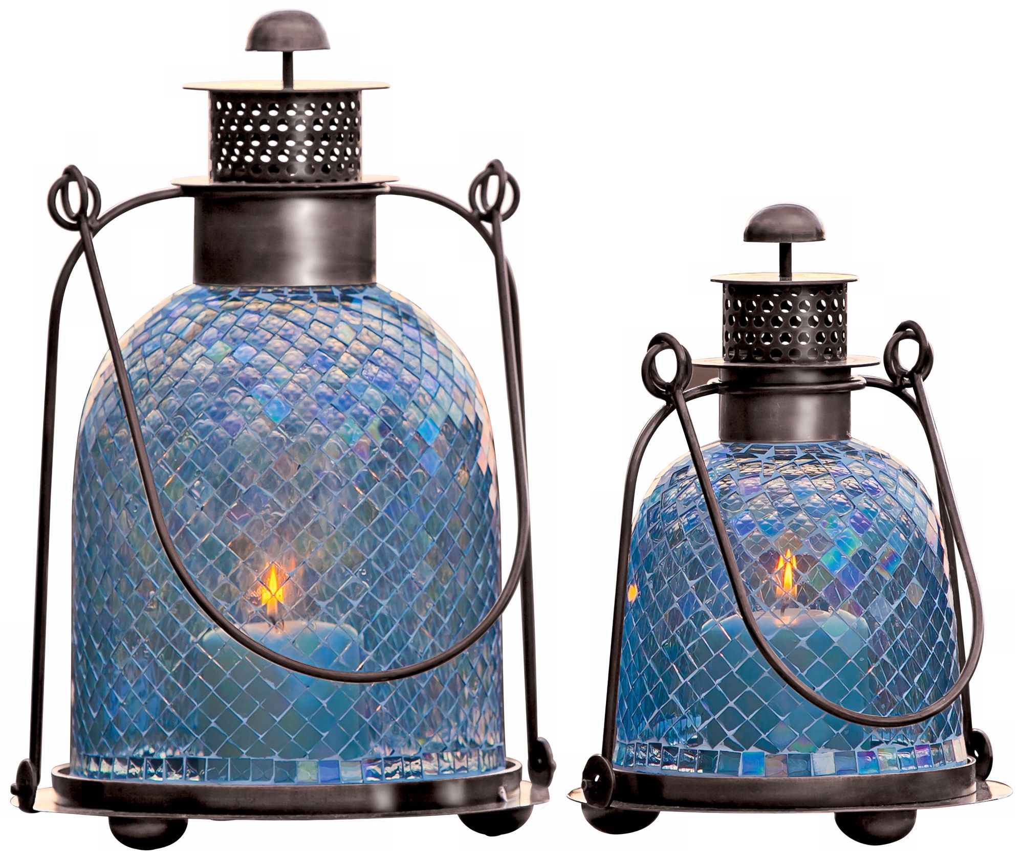 Set of 2 Blue Mosaic Glass Candle Lanterns