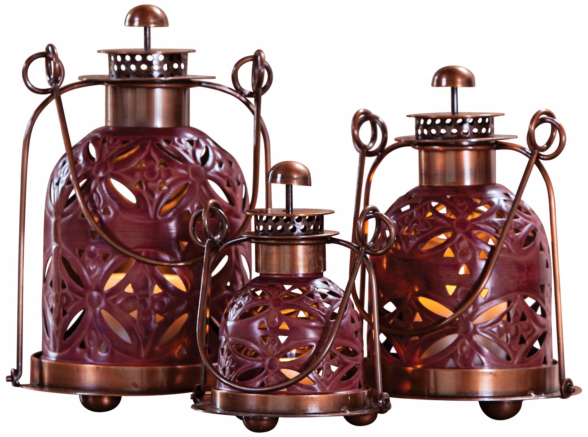 Set of 3 Pierced Floral Copper and Red Candle Lanterns