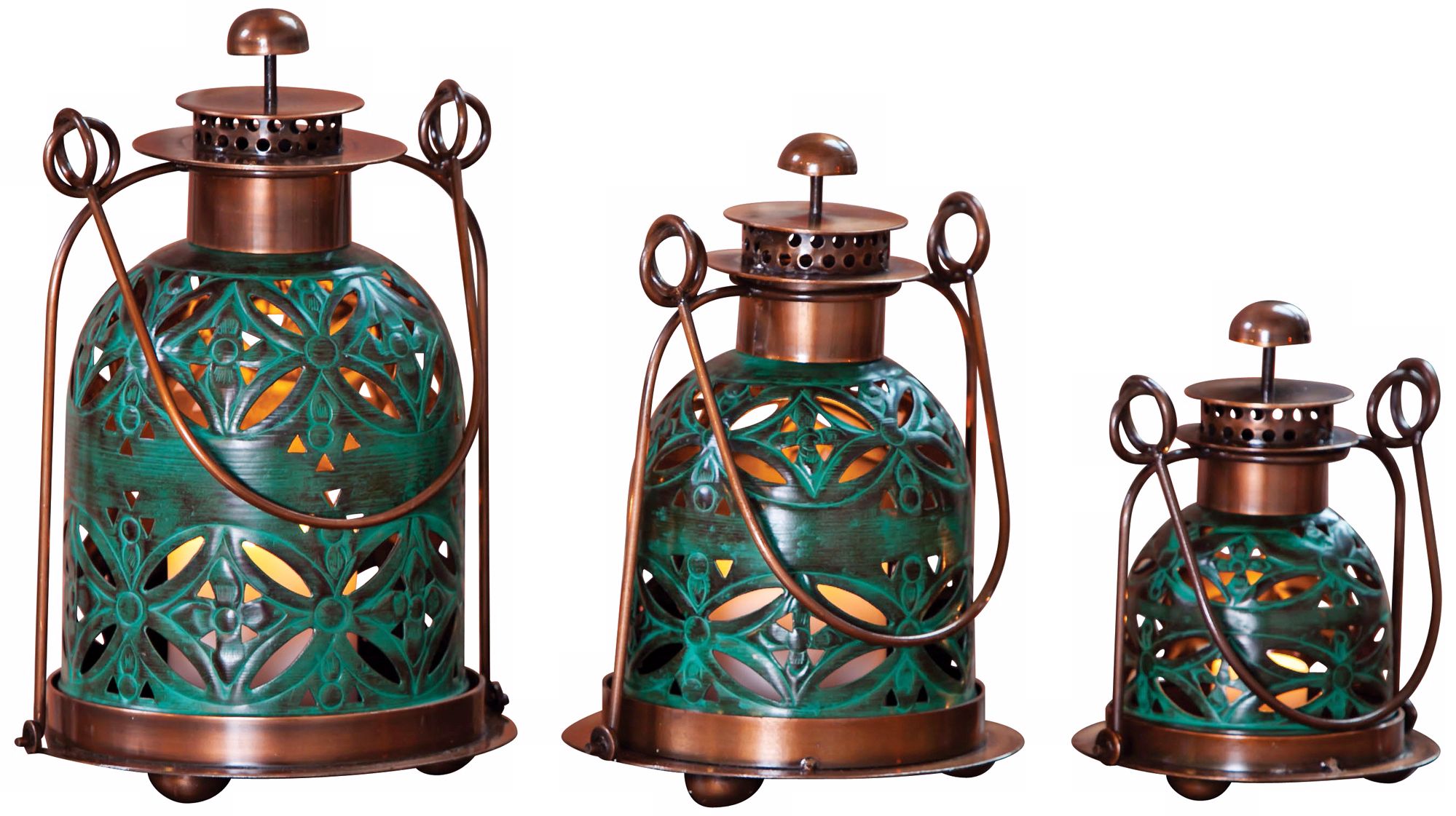Set of 3 Pierced Floral Copper and Teal Candle Lanterns