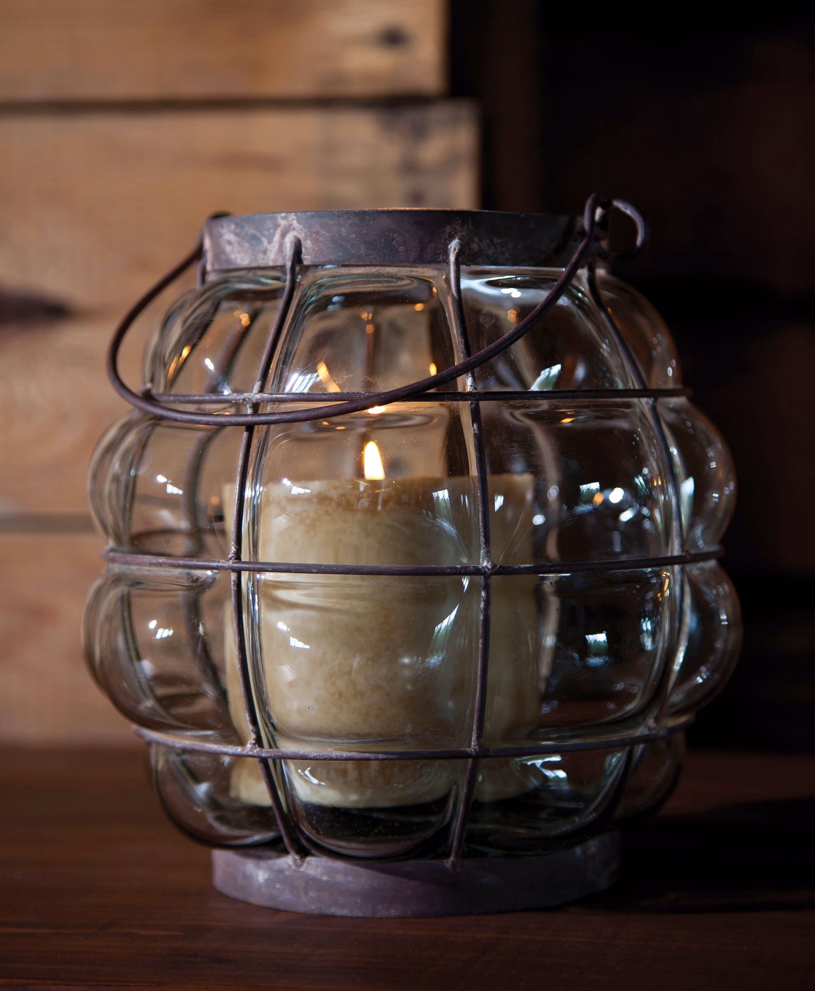 Blown Glass and Metal Candle Lantern