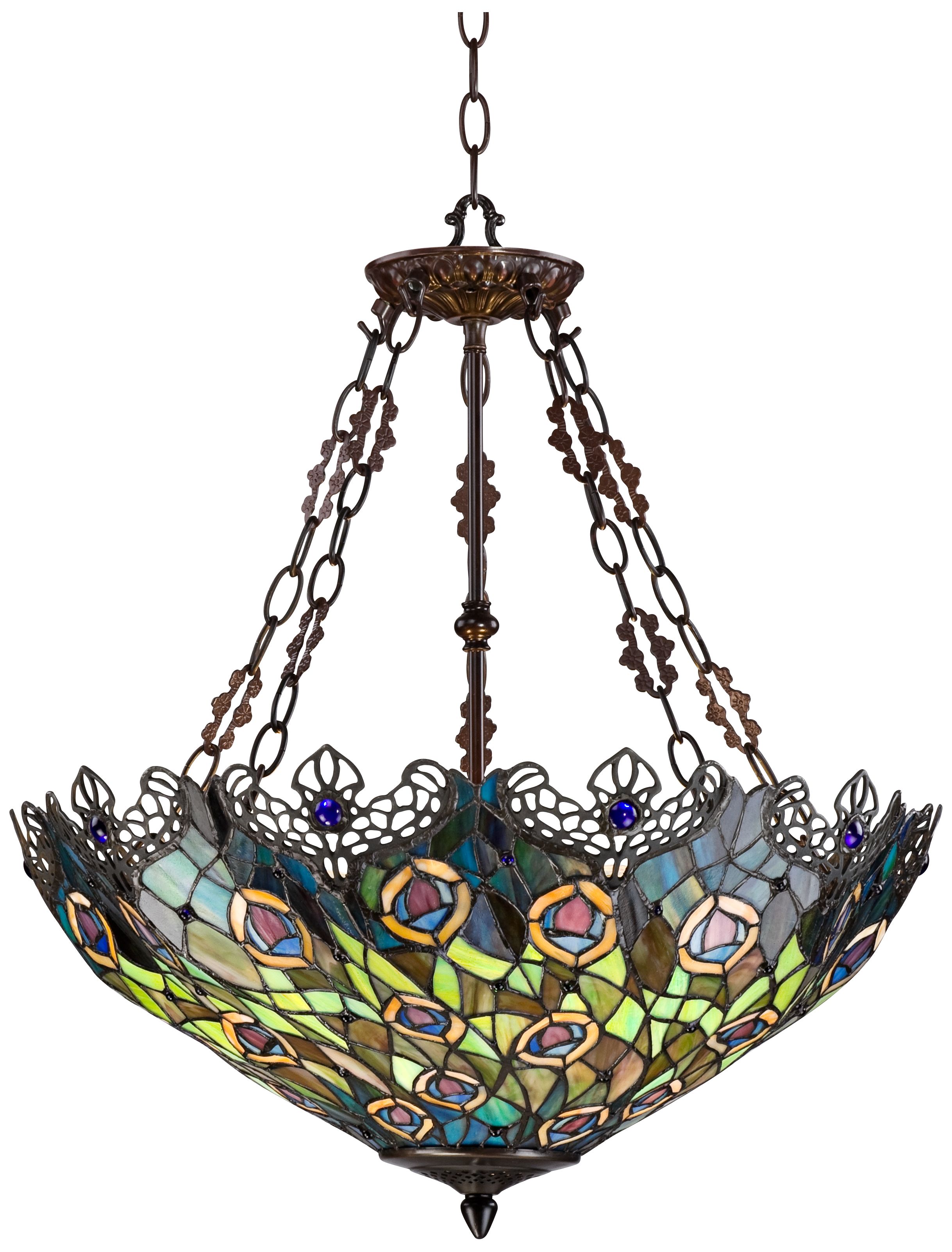 Peacock Feather 3-Light Tiffany Art Glass Pendant
