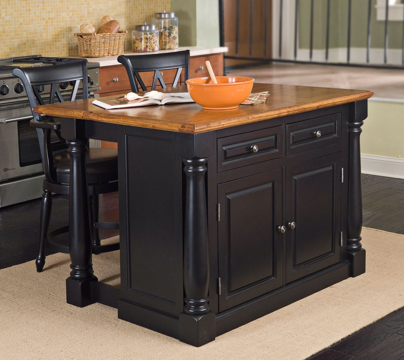 Monarch Black and Oak Kitchen Island Set with Two Stools