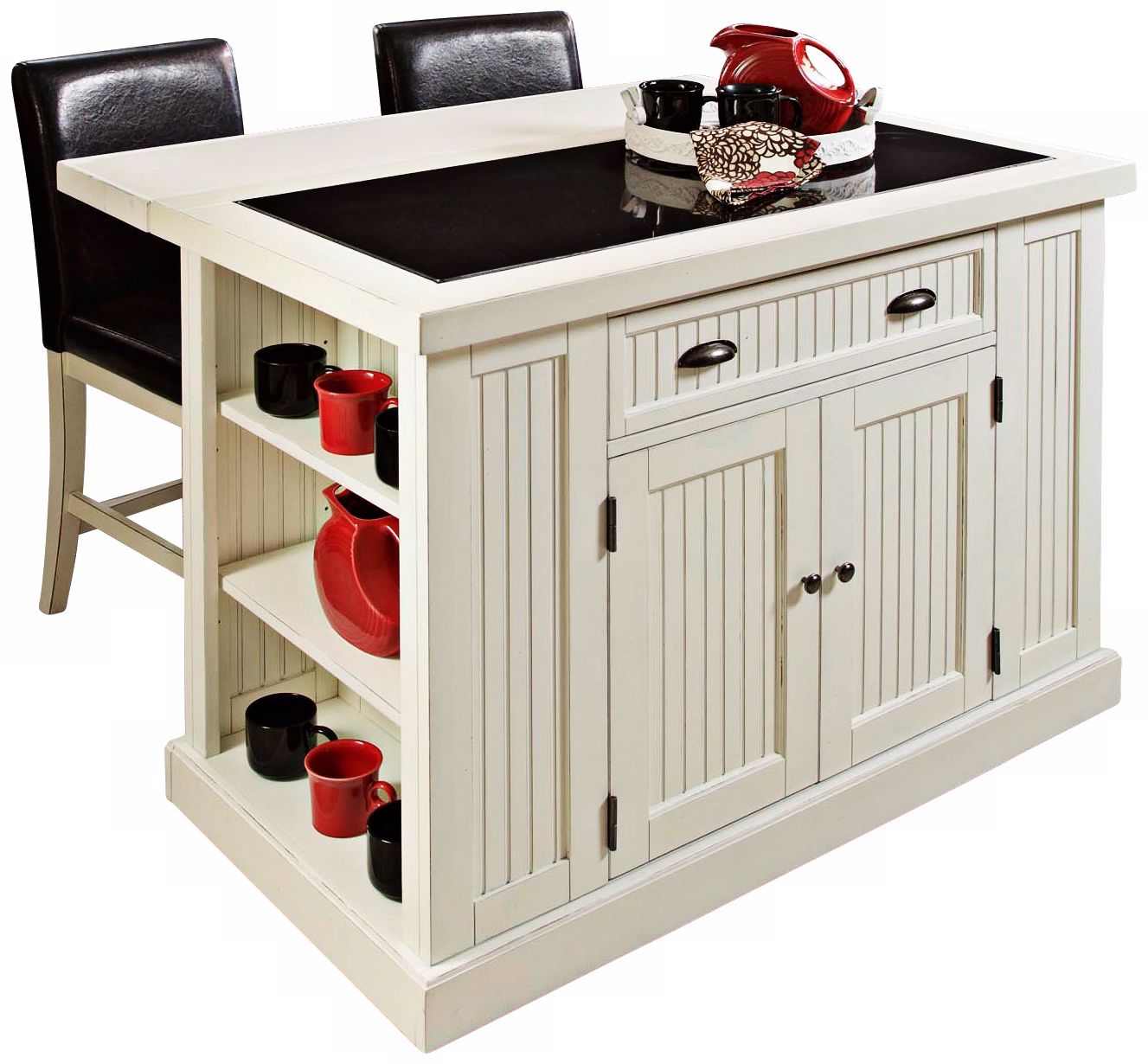 Nantucket Distressed White Kitchen Island with 2 Bar Stools