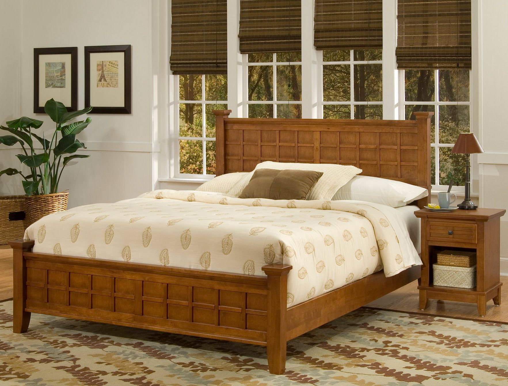 Arts and Crafts Cottage Oak Queen Bed and Night Stand Set
