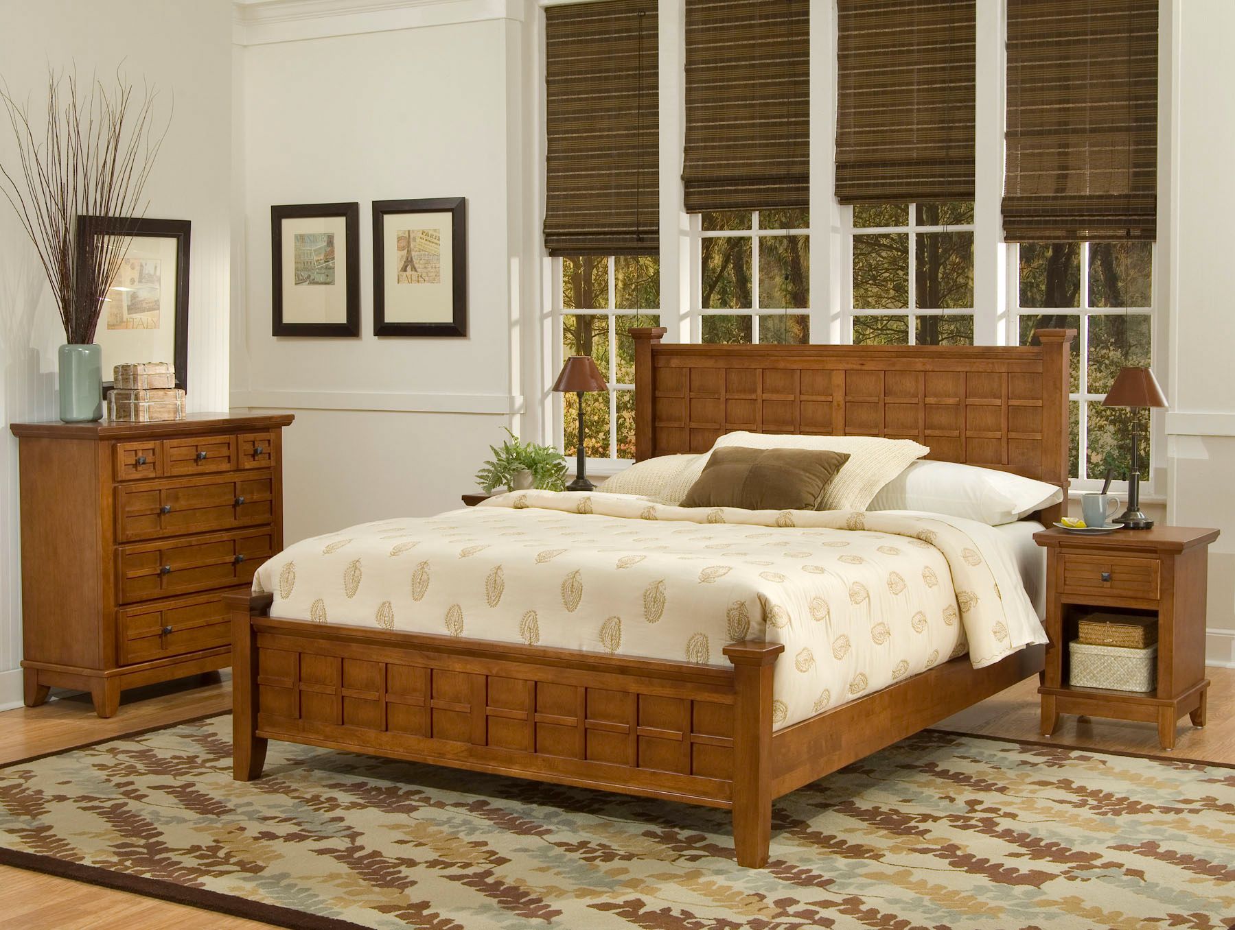 Arts and Crafts Cottage Oak Queen Bed Night Stand Chest Set