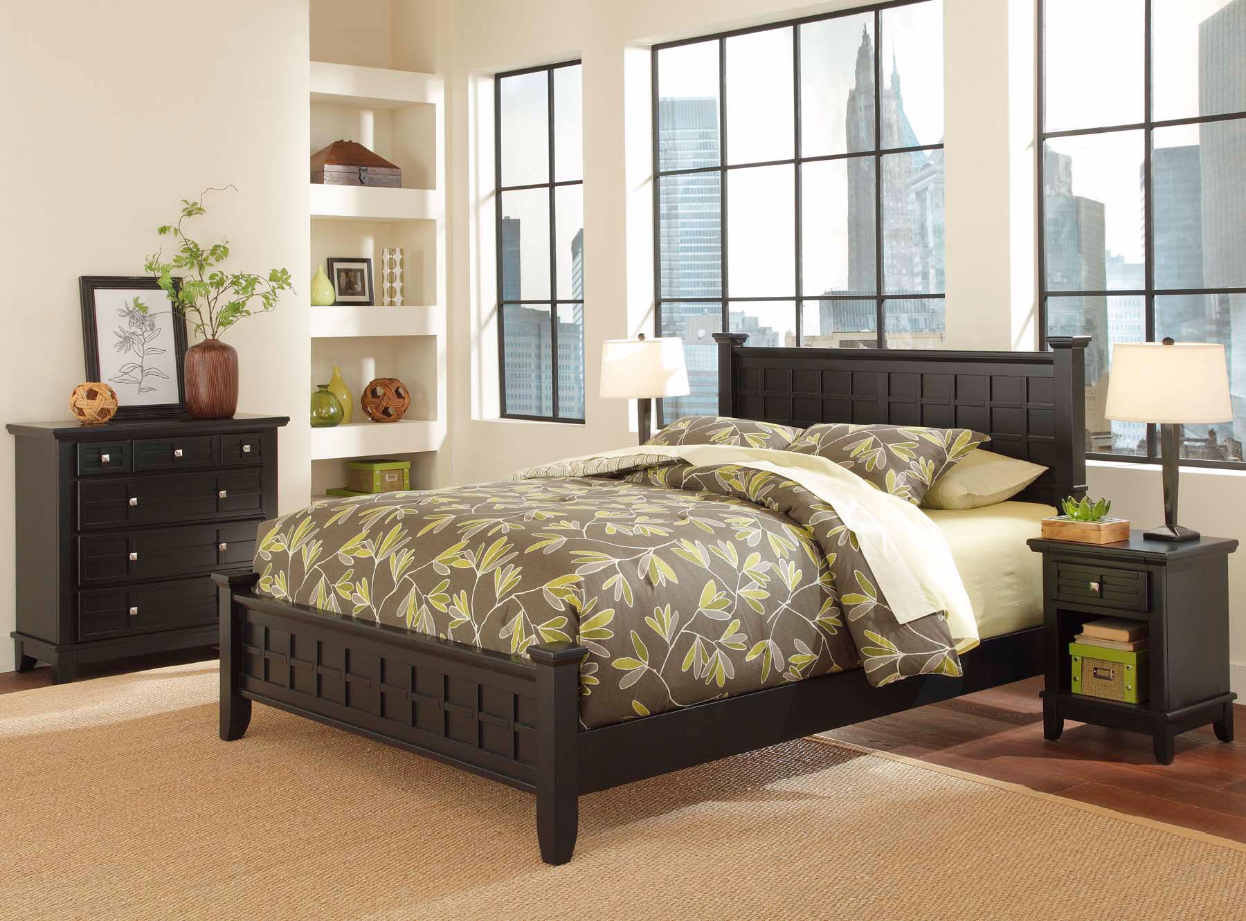 Arts and Crafts Black Queen Bed Night Stand Chest Set