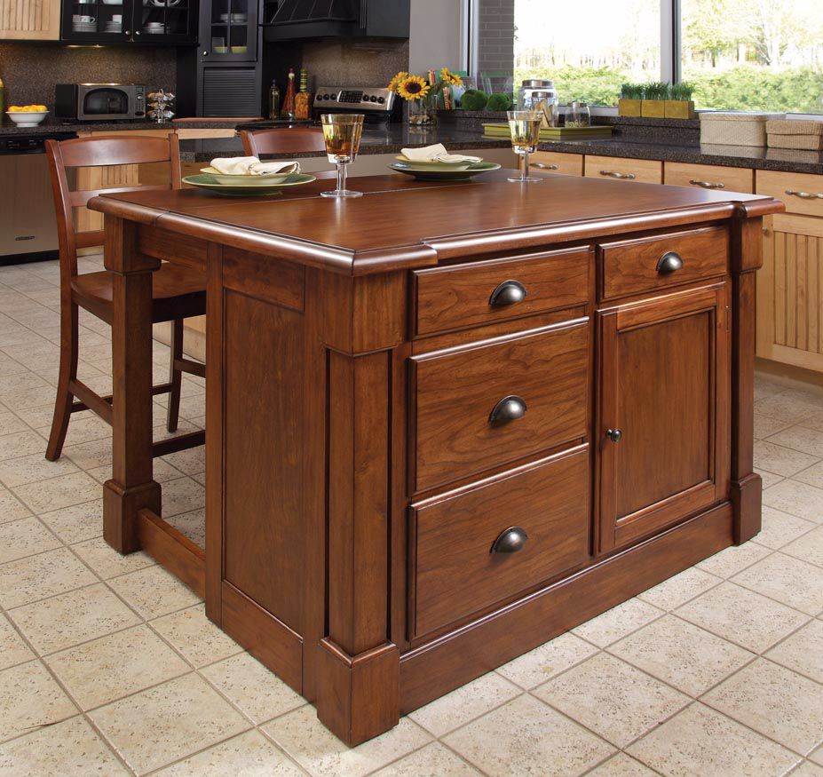 Aspen Cherry Wood Kitchen Island Set with 2 Bar Stools