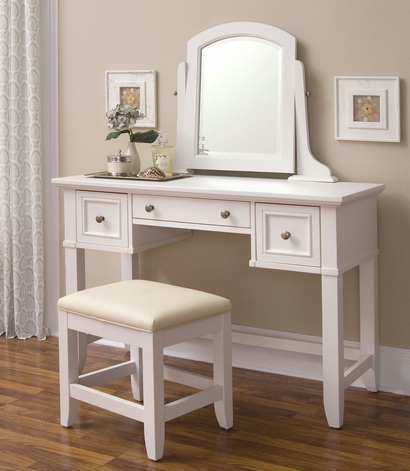 Naples White Vanity Table with Mirror and Bench