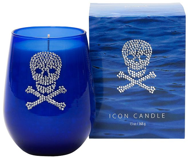 Silver Skull and Crossbones Icon Candle in Black Glass