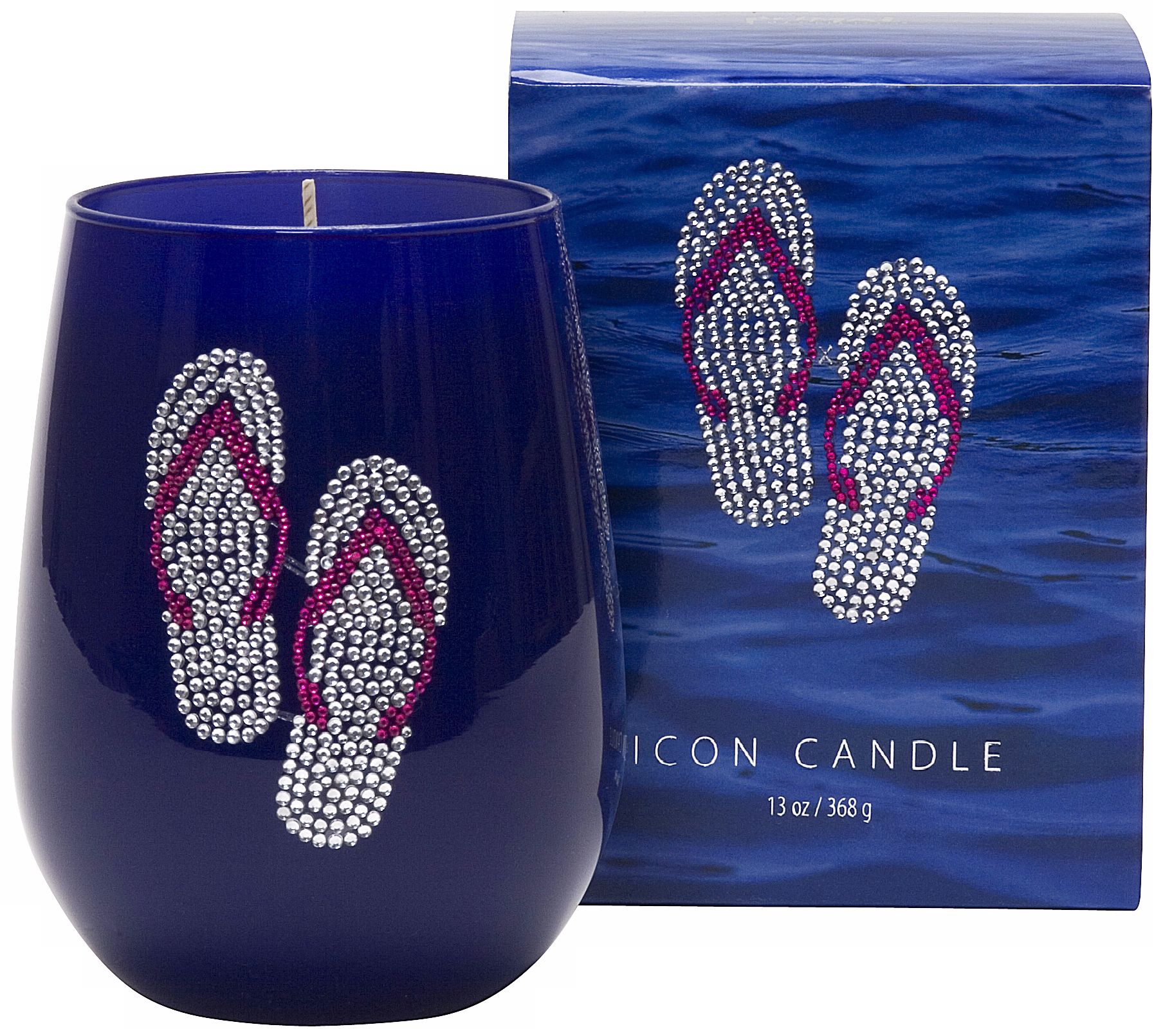 Silver Flip Flops Icon Candle in Blue Glass