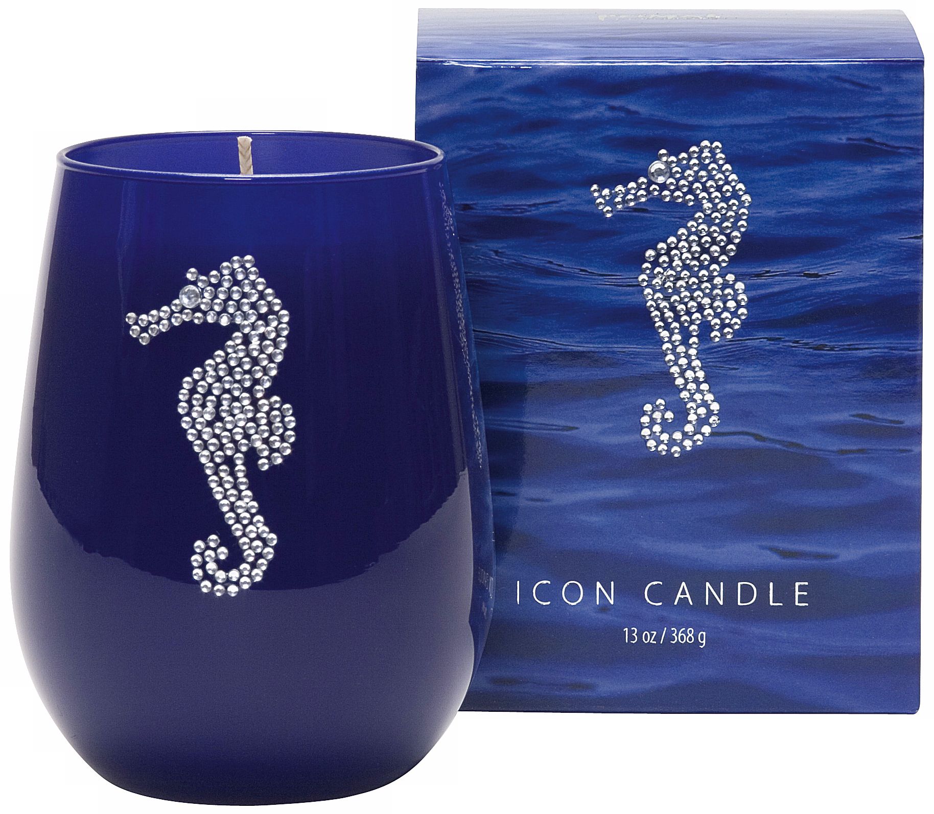 Silver Seahorse Icon Candle in Blue Glass